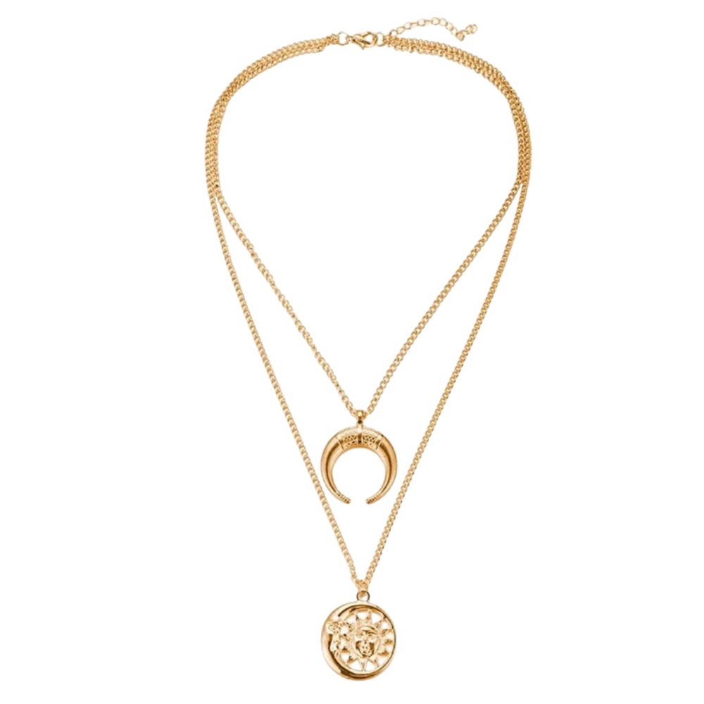 Women’s Layered Crescent Moon And Sun Pendant Necklace